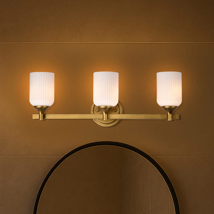 Vanity Nuvo 60-8663 Solara - 3 Light Vanity - Natural Brass Finish - Frosted Ribbed Glass Nuvo