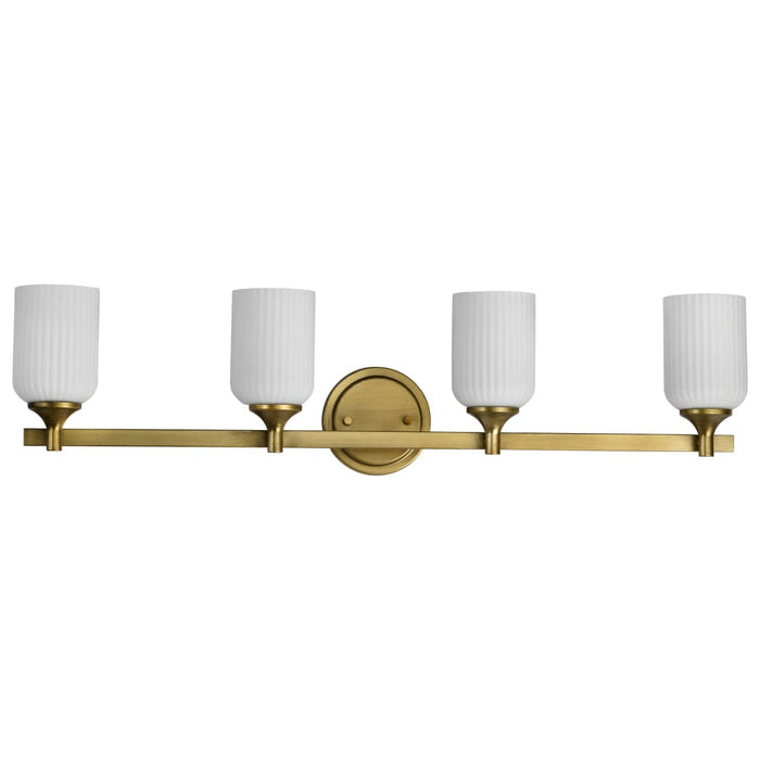 Vanity Nuvo 60-8664 Solara - 4 Light Vanity - Natural Brass Finish - Frosted Ribbed Glass Nuvo
