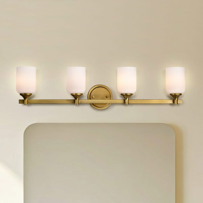 Vanity Nuvo 60-8664 Solara - 4 Light Vanity - Natural Brass Finish - Frosted Ribbed Glass Nuvo