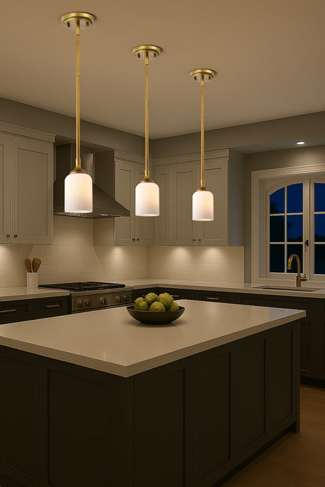 Mini Pendant Nuvo 60-8665 Solara - Mini Pendant - Natural Brass Finish - Frosted Ribbed Glass Nuvo