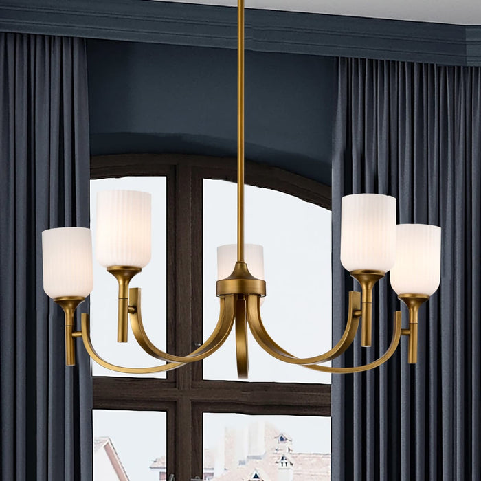 Chandelier Nuvo 60-8670 Solara - 5 Light Chandelier - Natural Brass Finish - Frosted Ribbed Glass Nuvo