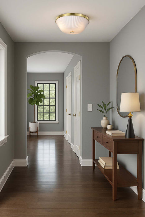 Flush Mount Nuvo 60-8725 Royale - 3 Light Flush Mount - Burnished Brass Finish - Ribbed White Glass Nuvo