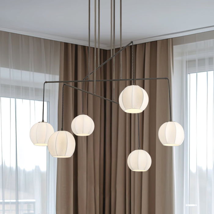Chandelier Thesis 207791A Bryony 48 inch 6 light Forged Bronze Chandelier with White Synthetic Silk Shades THESIS