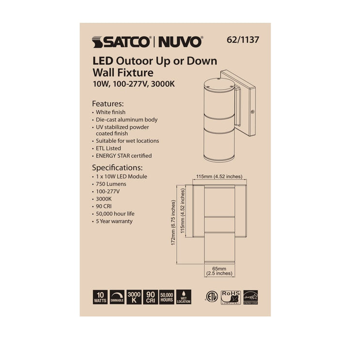 Sconce Nuvo 62-1137 1 Light - LED Small Up or Down Sconce Fixture - White Finish - 10W - 120/277V Nuvo
