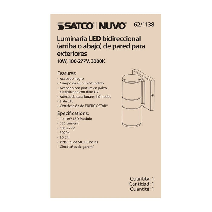 Sconce Nuvo 62-1138 1 Light - LED Small Up or Down Sconce Fixture - Black Finish - 10W - 120/277V Nuvo