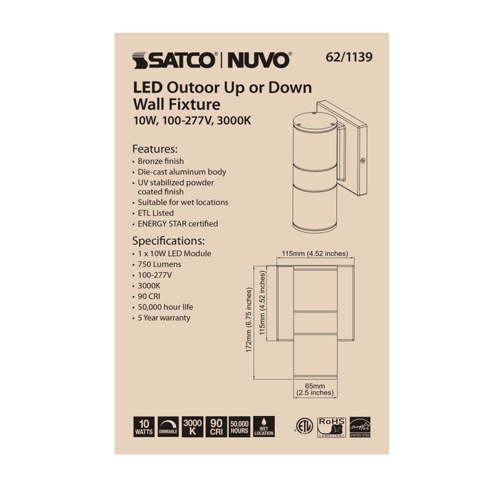 Sconce Nuvo 62-1139 1 Light - LED Small Up or Down Sconce Fixture - Bronze Finish - 10W - 120/277V Nuvo