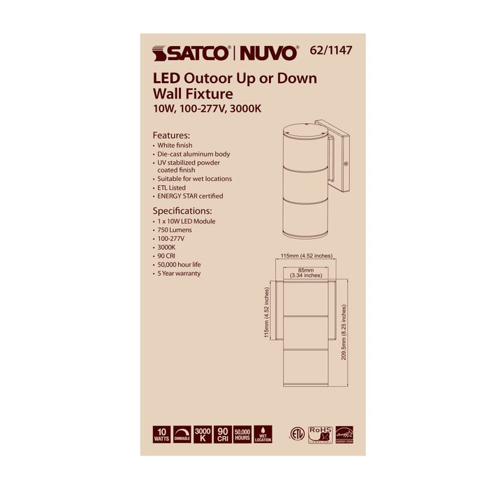 Sconce Nuvo 62-1147 1 Light - LED Large Up or Down Sconce Fixture - White Finish - 10W - 120/277V Nuvo