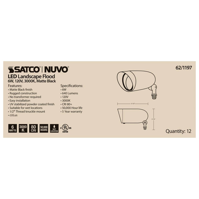 Flood Light Nuvo 62-1197 LED Landscape Flood - 6 Watt - Matte Black Finish - 3000K - 120 Volt Nuvo