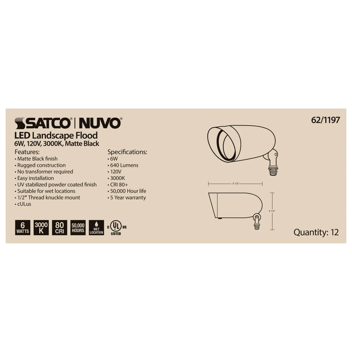 Flood Light Nuvo 62-1197 LED Landscape Flood - 6 Watt - Matte Black Finish - 3000K - 120 Volt Nuvo