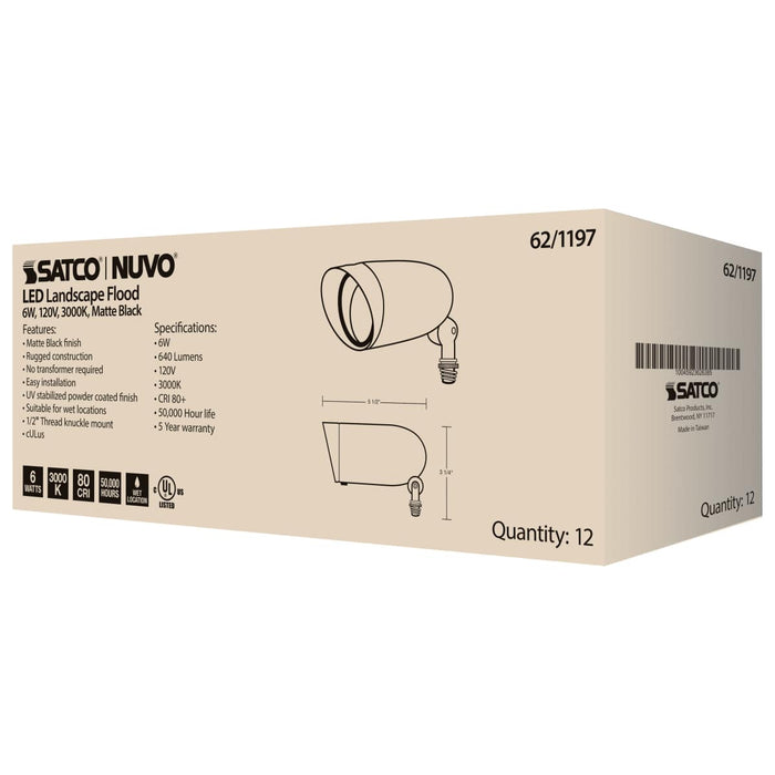 Flood Light Nuvo 62-1197 LED Landscape Flood - 6 Watt - Matte Black Finish - 3000K - 120 Volt Nuvo
