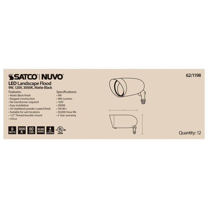 Flood Light Nuvo 62-1198 LED Landscape Flood - 9 Watt - Matte Black Finish - 3000K - 120 Volt Nuvo