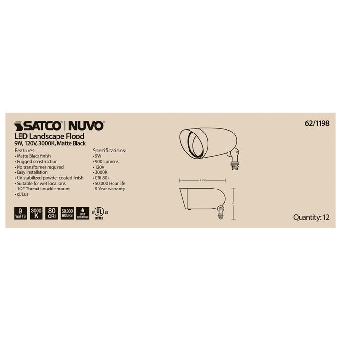Flood Light Nuvo 62-1198 LED Landscape Flood - 9 Watt - Matte Black Finish - 3000K - 120 Volt Nuvo