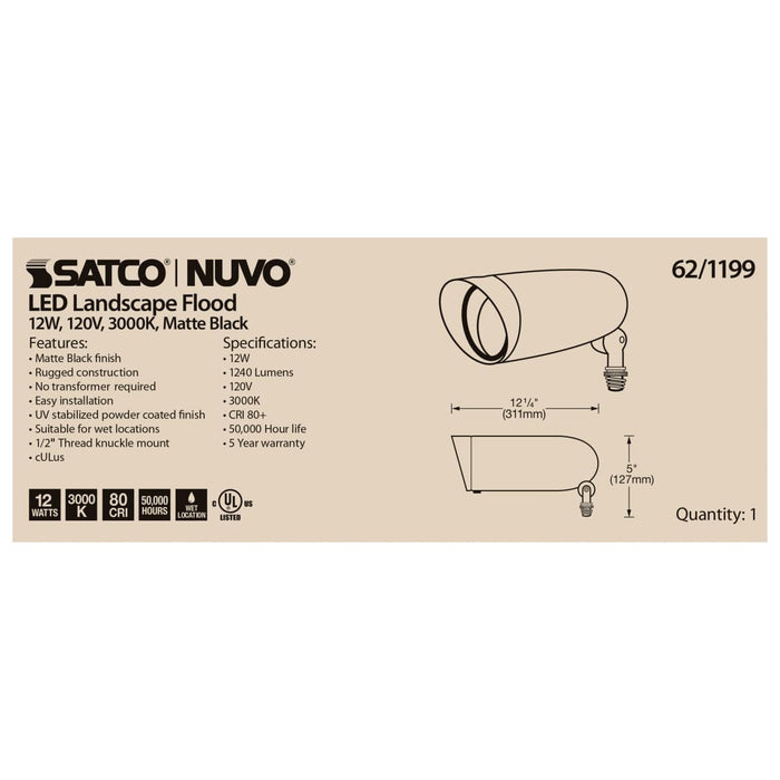 Flood Light Nuvo 62-1199 LED Landscape Flood - 12 Watt - Matte Black Finish - 3000K - 120 Volt Nuvo