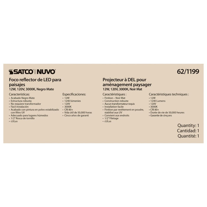 Flood Light Nuvo 62-1199 LED Landscape Flood - 12 Watt - Matte Black Finish - 3000K - 120 Volt Nuvo