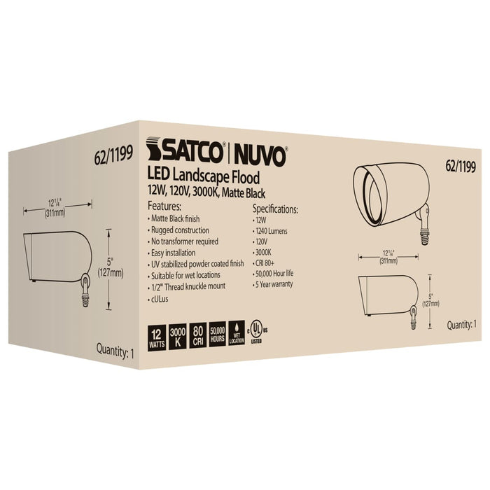 Flood Light Nuvo 62-1199 LED Landscape Flood - 12 Watt - Matte Black Finish - 3000K - 120 Volt Nuvo