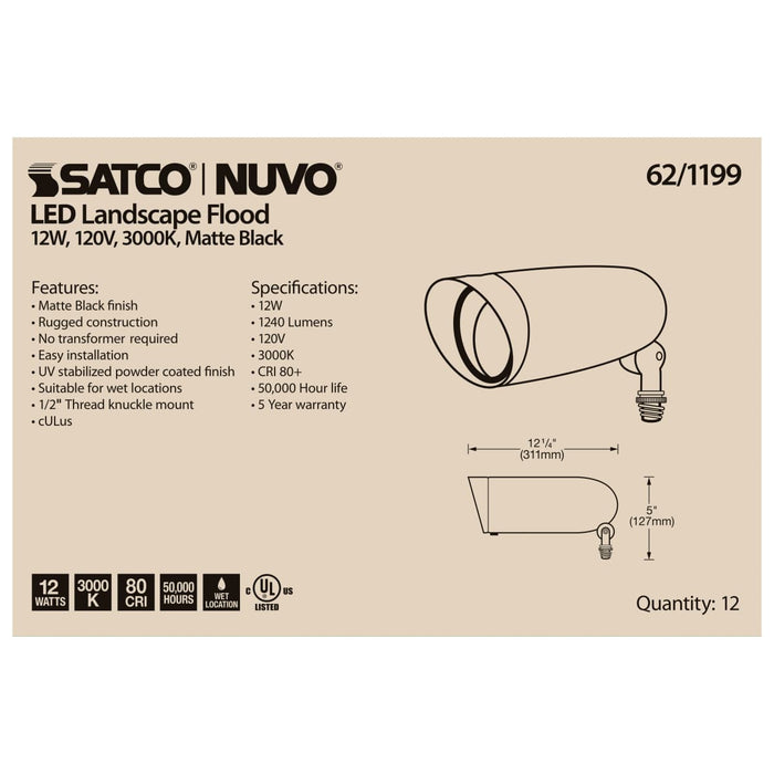 Flood Light Nuvo 62-1199 LED Landscape Flood - 12 Watt - Matte Black Finish - 3000K - 120 Volt Nuvo