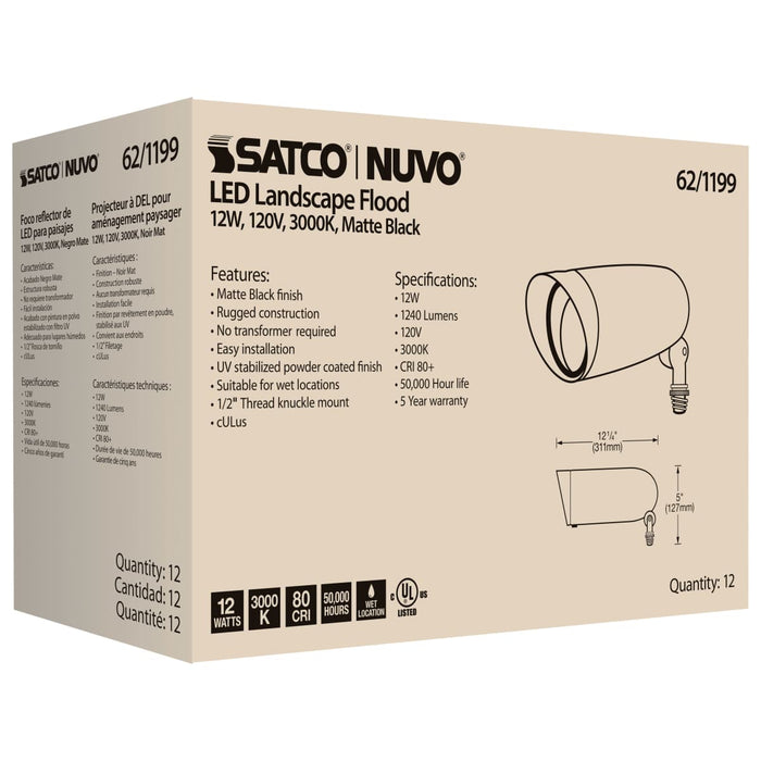 Flood Light Nuvo 62-1199 LED Landscape Flood - 12 Watt - Matte Black Finish - 3000K - 120 Volt Nuvo