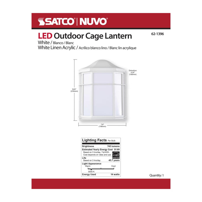 Bulk Head Nuvo 62-1396 LED Cage Lantern Fixture - White Finish with White Linen Acrylic Nuvo