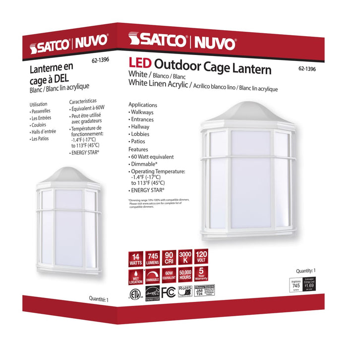 Bulk Head Nuvo 62-1396 LED Cage Lantern Fixture - White Finish with White Linen Acrylic Nuvo