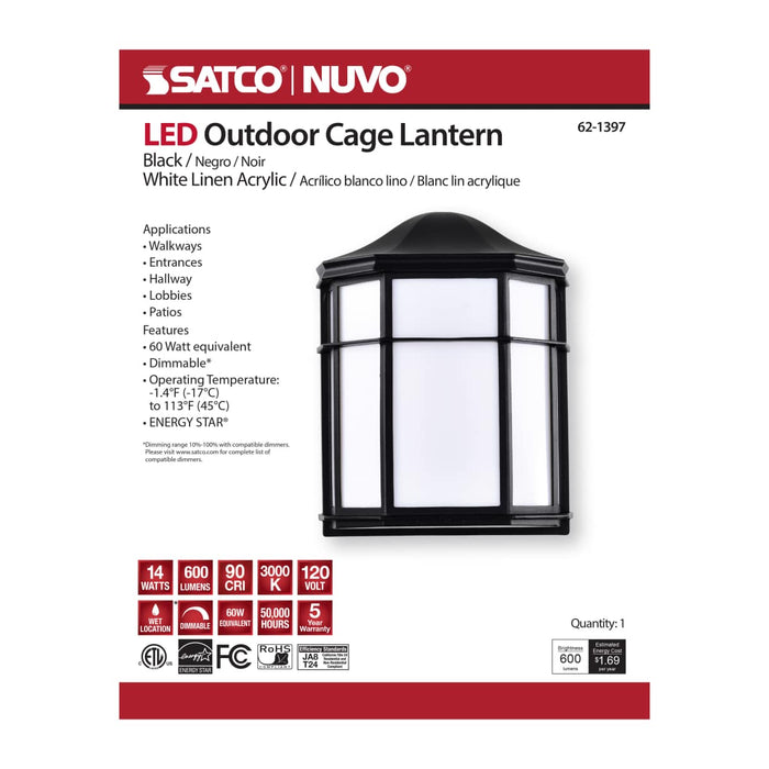 Bulk Head Nuvo 62-1397 LED Cage Lantern Fixture - Black Finish with White Linen Acrylic Nuvo