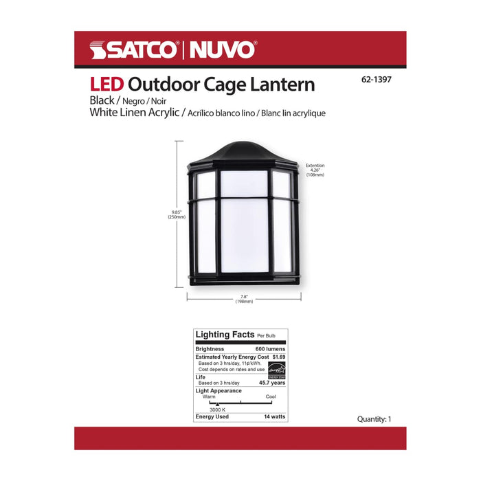 Bulk Head Nuvo 62-1397 LED Cage Lantern Fixture - Black Finish with White Linen Acrylic Nuvo