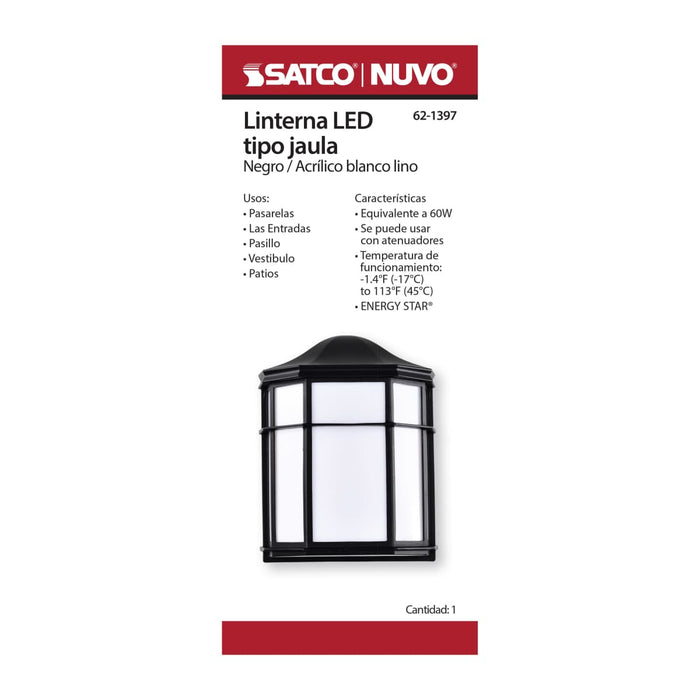Bulk Head Nuvo 62-1397 LED Cage Lantern Fixture - Black Finish with White Linen Acrylic Nuvo