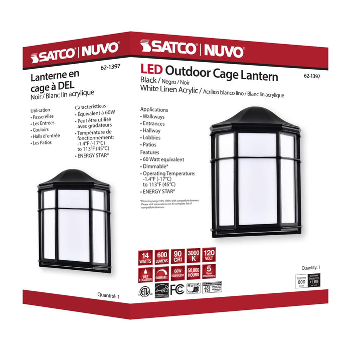 Bulk Head Nuvo 62-1397 LED Cage Lantern Fixture - Black Finish with White Linen Acrylic Nuvo