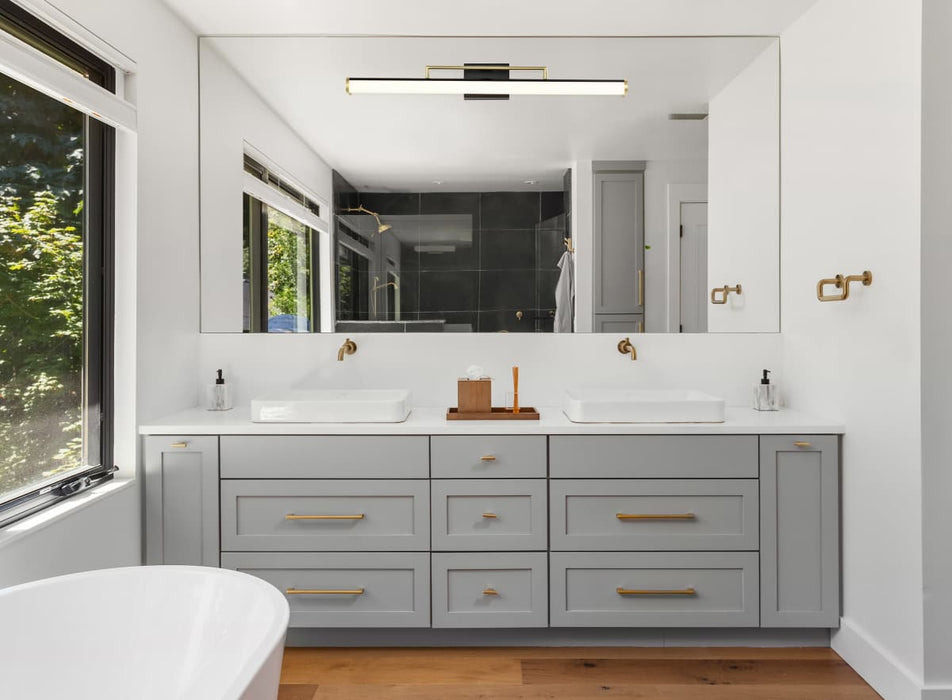 Vanity Nuvo 62-1539 Solano Large Vanity - LED - Black and Brushed Brass Finish - White Acrylic Lens Nuvo