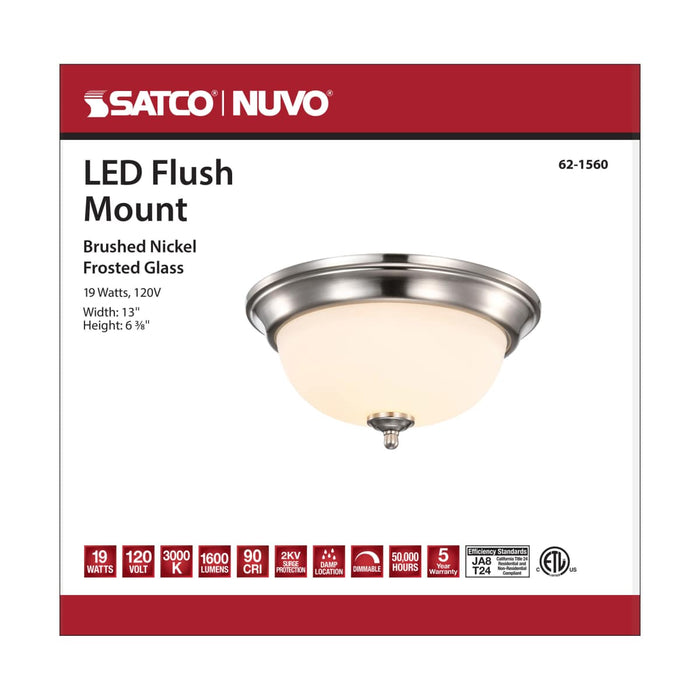 Flush Mount Nuvo 62-1560 Center Lock 13 Inch LED Flush Mount - 19 Watt - 3000K - Brushed Nickel Finish - Frosted Glass Nuvo