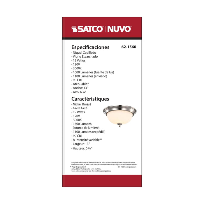 Flush Mount Nuvo 62-1560 Center Lock 13 Inch LED Flush Mount - 19 Watt - 3000K - Brushed Nickel Finish - Frosted Glass Nuvo