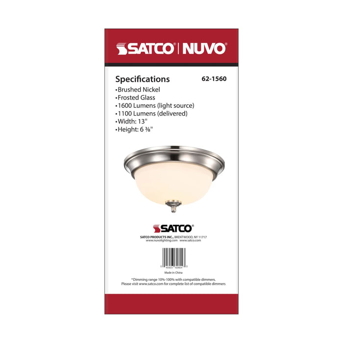 Flush Mount Nuvo 62-1560 Center Lock 13 Inch LED Flush Mount - 19 Watt - 3000K - Brushed Nickel Finish - Frosted Glass Nuvo