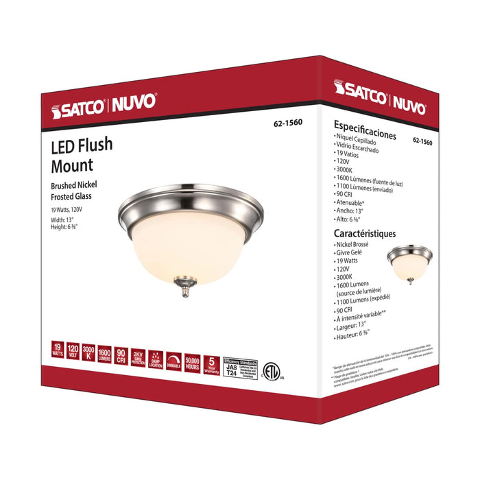 Flush Mount Nuvo 62-1560 Center Lock 13 Inch LED Flush Mount - 19 Watt - 3000K - Brushed Nickel Finish - Frosted Glass Nuvo