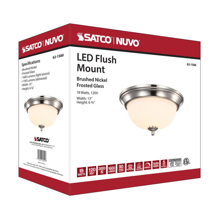 Flush Mount Nuvo 62-1560 Center Lock 13 Inch LED Flush Mount - 19 Watt - 3000K - Brushed Nickel Finish - Frosted Glass Nuvo