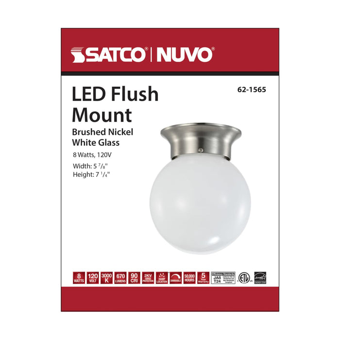 Flush Mount Nuvo 62-1565 8 Watt - 6 inch - LED Flush Mount Fixture - 3000K - Dimmable - Brushed Nickel - Frosted Glass Nuvo