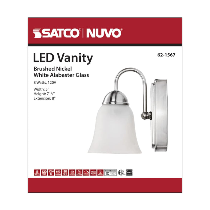 Vanity Nuvo 62-1567 8 Watt - LED 1 Light Vanity Fixture - 3000K - Brushed Nickel with Alabaster Glass Nuvo