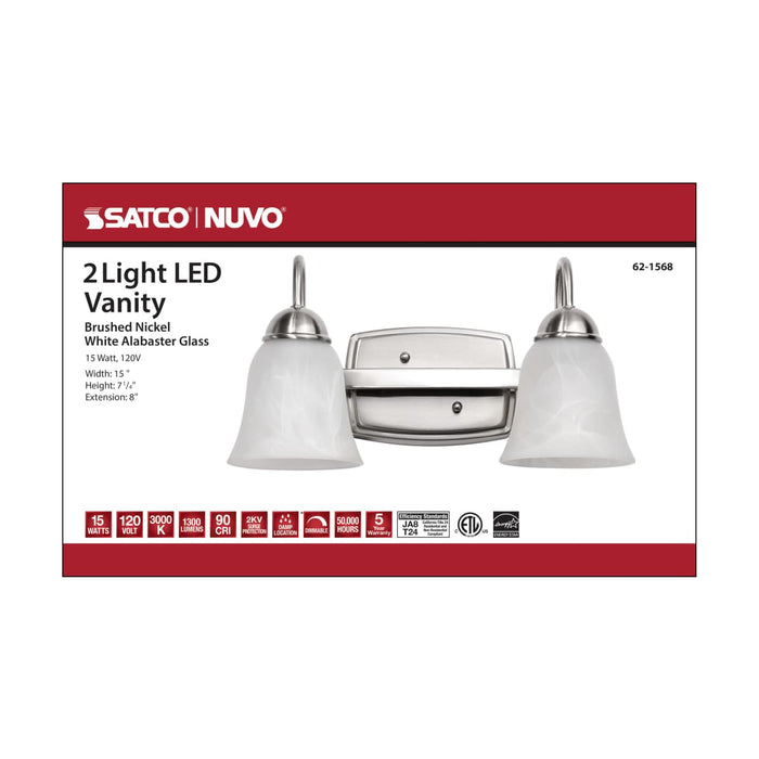 Vanity Nuvo 62-1568 15 Watt - LED 2 Light Vanity Fixture - 3000K - Brushed Nickel with Alabaster Glass Nuvo