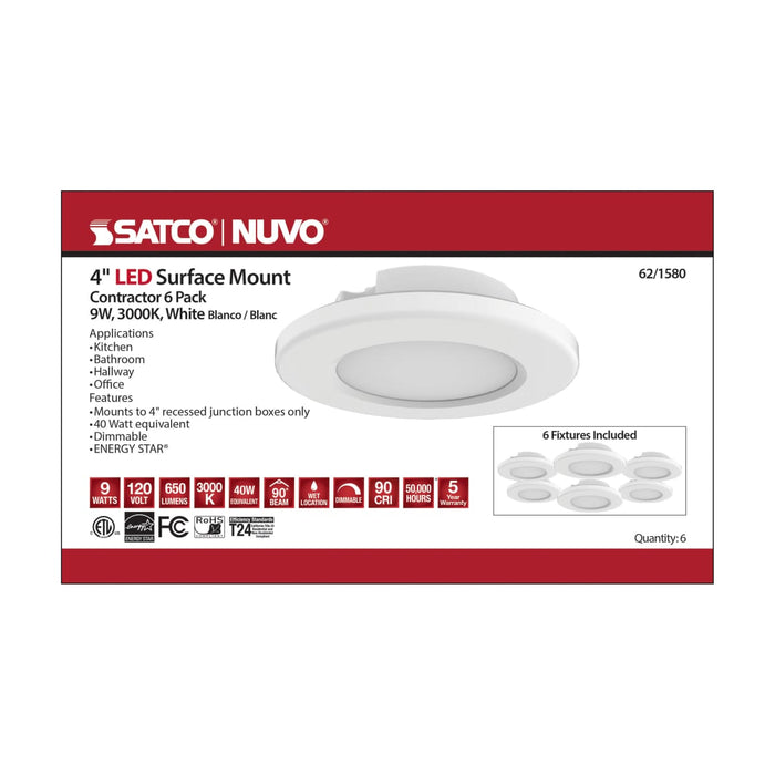 Surface Mount Nuvo 62-1580 4 inch - LED Surface Mount Fixture - 3000K - 6 Unit Contractor Pack - White - White Finish Nuvo