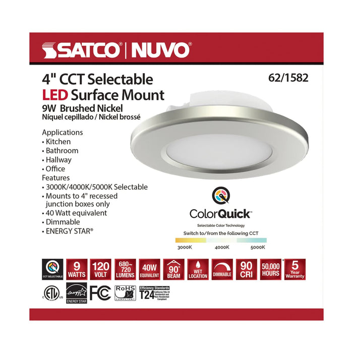 Surface Mount Nuvo 62-1582 4 inch - LED Surface Mount Fixture - CCT Selectable 3K/4K/5K - Brushed Nickel Nuvo