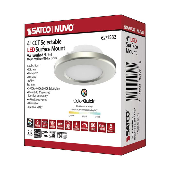 Surface Mount Nuvo 62-1582 4 inch - LED Surface Mount Fixture - CCT Selectable 3K/4K/5K - Brushed Nickel Nuvo
