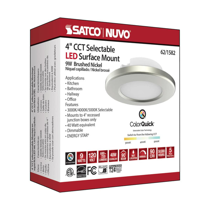 Surface Mount Nuvo 62-1582 4 inch - LED Surface Mount Fixture - CCT Selectable 3K/4K/5K - Brushed Nickel Nuvo