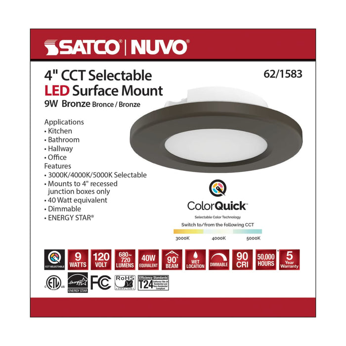 Surface Mount Nuvo 62-1583 4 inch - LED Surface Mount Fixture - CCT Selectable 3K/4K/5K - Bronze Nuvo
