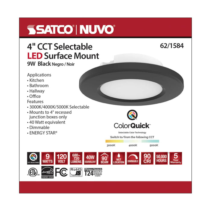 Surface Mount Nuvo 62-1584 4 inch - LED Surface Mount Fixture - CCT Selectable 3K/4K/5K - Black Nuvo