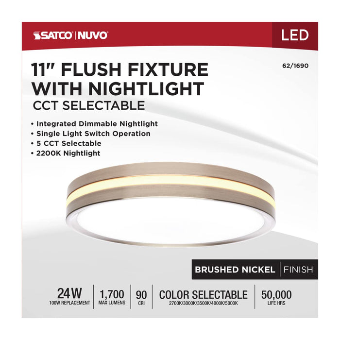 Flush Mount Nuvo 62-1690 11 Inch Surface Mount with Night Light - 5 CCT Selectable - Brushed Nickel Finish Nuvo