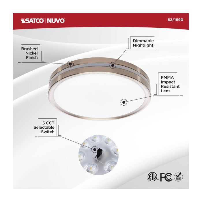 Flush Mount Nuvo 62-1690 11 Inch Surface Mount with Night Light - 5 CCT Selectable - Brushed Nickel Finish Nuvo