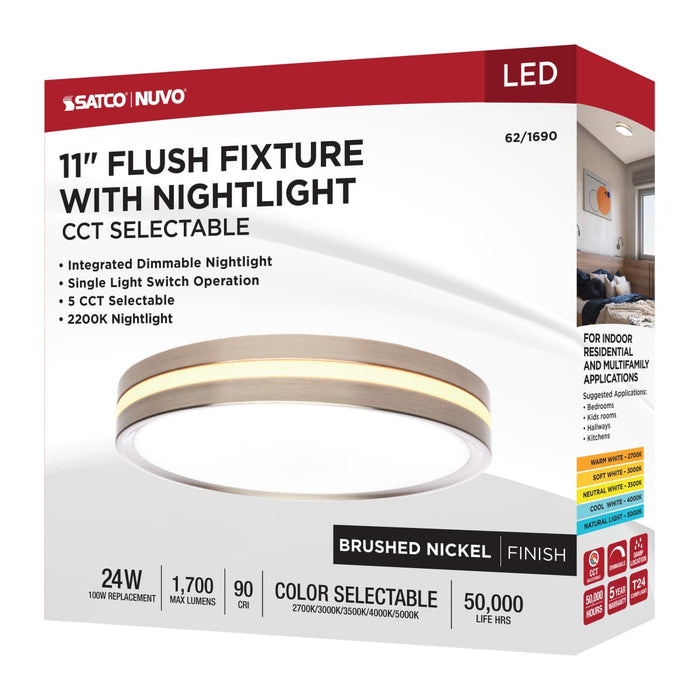 Flush Mount Nuvo 62-1690 11 Inch Surface Mount with Night Light - 5 CCT Selectable - Brushed Nickel Finish Nuvo