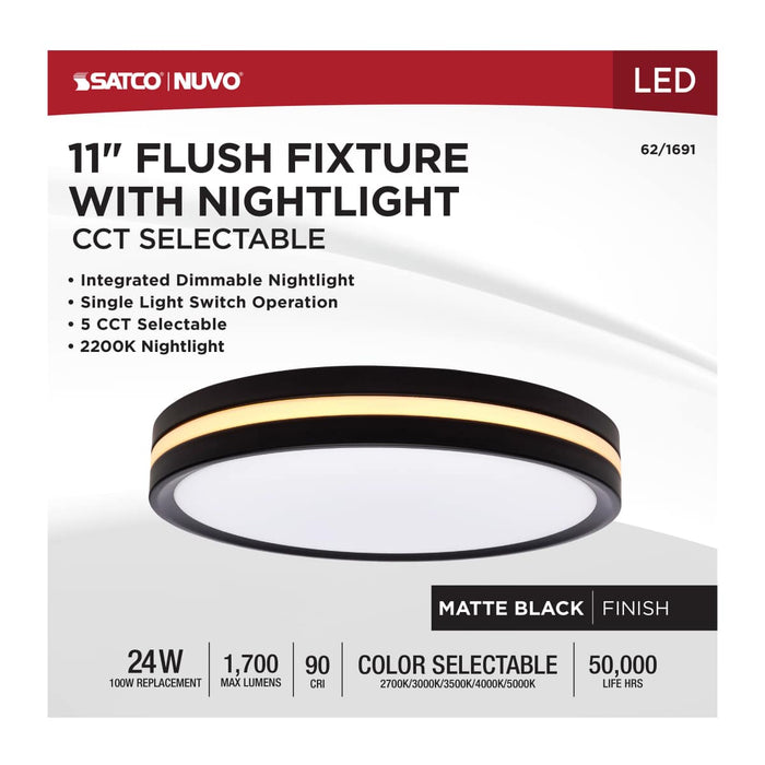 Flush Mount Nuvo 62-1691 11 Inch Surface Mount with Night Light - 5 CCT Selectable - Matte Black Finish Nuvo