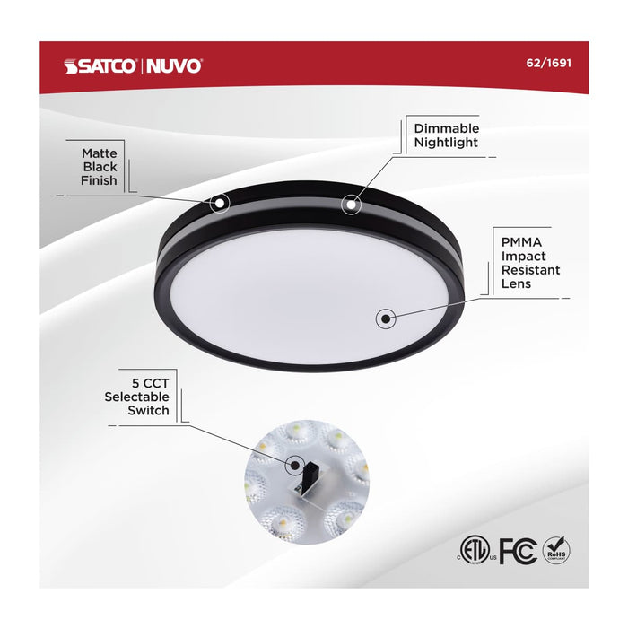 Flush Mount Nuvo 62-1691 11 Inch Surface Mount with Night Light - 5 CCT Selectable - Matte Black Finish Nuvo