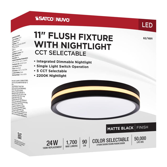 Flush Mount Nuvo 62-1691 11 Inch Surface Mount with Night Light - 5 CCT Selectable - Matte Black Finish Nuvo