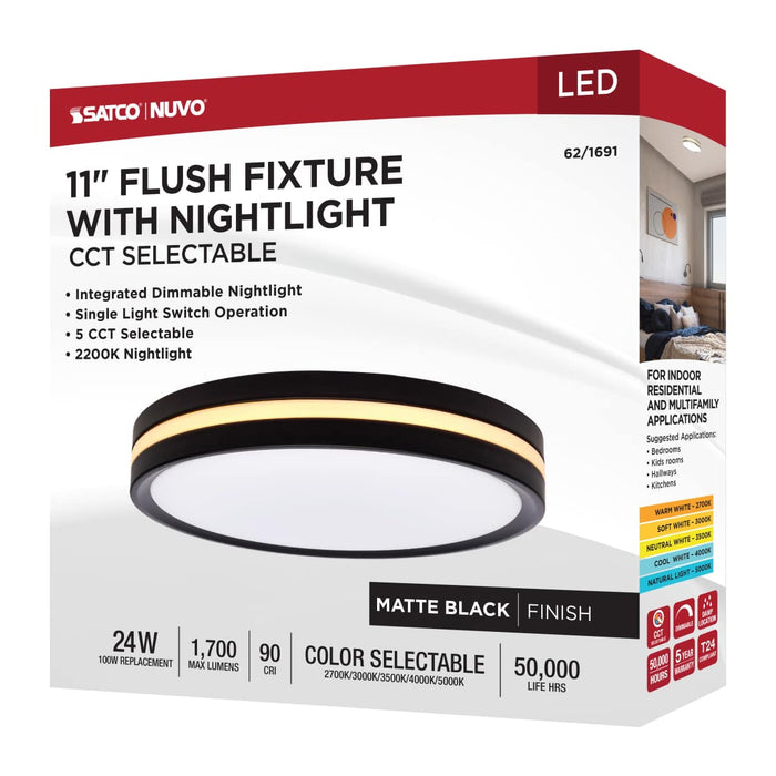 Flush Mount Nuvo 62-1691 11 Inch Surface Mount with Night Light - 5 CCT Selectable - Matte Black Finish Nuvo