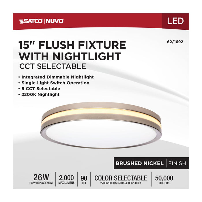 Flush Mount Nuvo 62-1692 15 Inch Surface Mount with Night Light - 5 CCT Selectable - Brushed Nickel Finish Nuvo